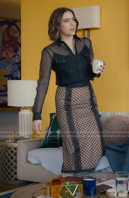 Rachel's sheer black button up shirt and lace pencil skirt on Partner Track