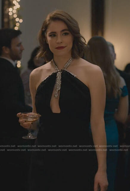 Rachel's black embellished halter neck gown on Partner Track
