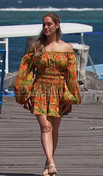 Rachel’s orange floral off-shoulder dress on The Bachelorette