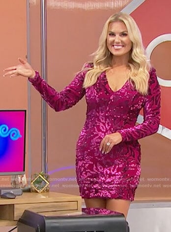 Rachel’s pink long sleeve mini dress with sequins on The Price is Right