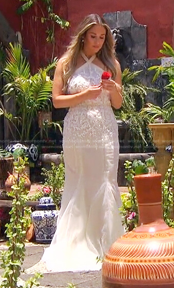 Rachel's white embellished halter dress on The Bachelorette