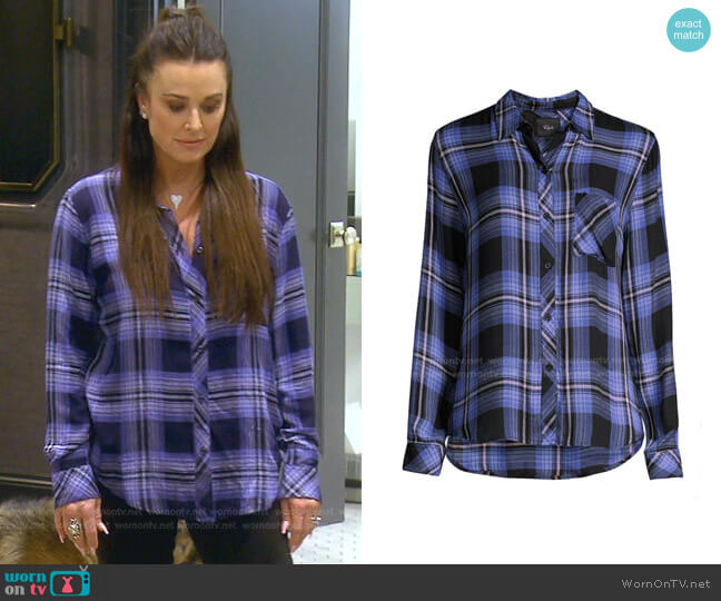 Rails Hunter Plaid Blouse in Midnight Blue worn by Kyle Richards on The Real Housewives of Beverly Hills