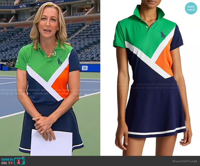 Polo Ralph Lauren Colorblocked Polo Top and US Open Tennis Skort worn by Lara Spencer on Good Morning America