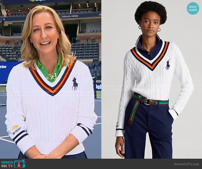 Polo Ralph Lauren US Open Umpire Cable-Knit Sweater worn by Lara Spencer on Good Morning America