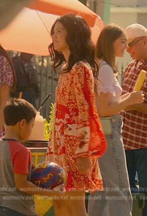 Red floral print mini dress on Cobra Kai