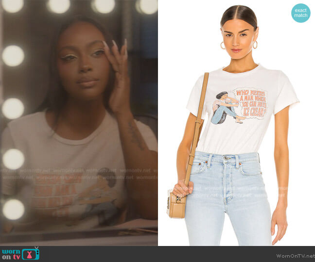 Re/done x Hanes Classic Who Needs A Man Tee worn by Annika (Justine Skye) on Grown-ish