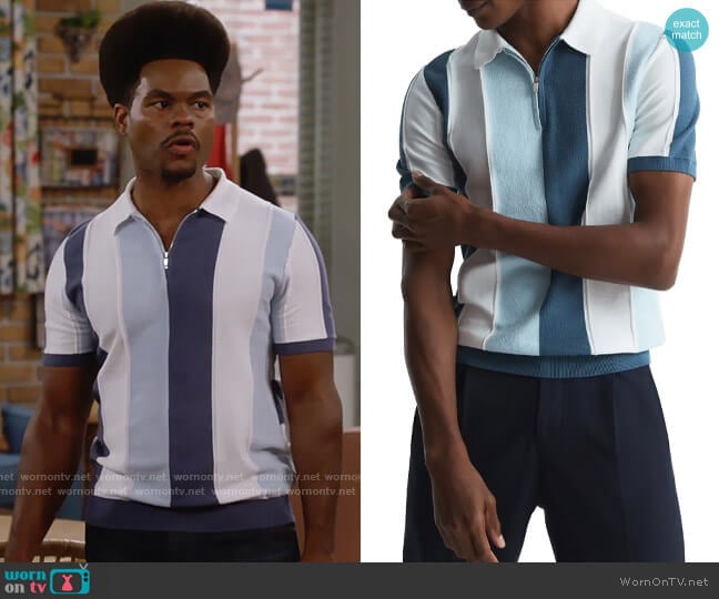 Reiss Herald Stripe Zip Polo Sweater in Airforce Blue worn by Carter (Julian Gant) on Call Me Kat