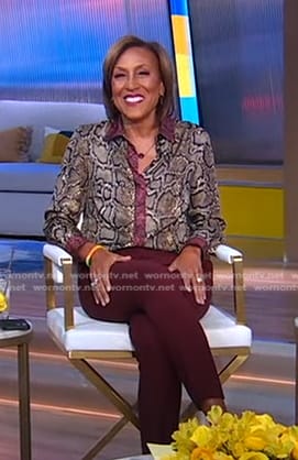 Robin’s snake print blouse and burgundy pants on Good Morning America