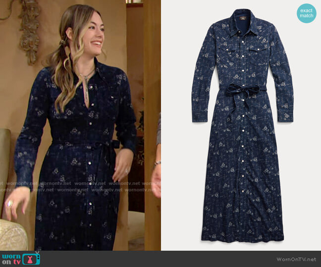 RRL Ralph Lauren Floral Indigo Jersey Shirtdress worn by Hope Logan (Annika Noelle) on The Bold and the Beautiful