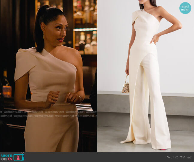 Safiyaa Draped asymmetric one-shoulder stretch-crepe top worn by Victoria St. Clair (Tehmina Sunny) on Partner Track