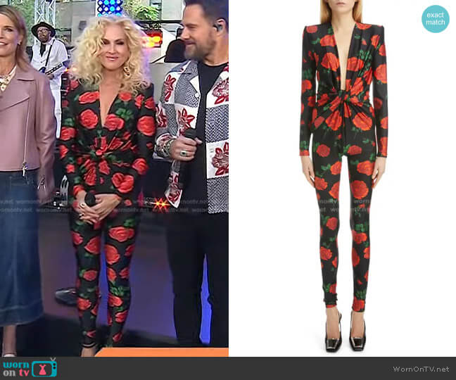 Saint Laurent Rose Print Plunge Neck Long Sleeve Jersey Catsuit worn by Kimberly Schlapman on Today