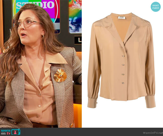 Saint Laurent Open-collar silk blouse worn by Drew Barrymore on The Drew Barrymore Show