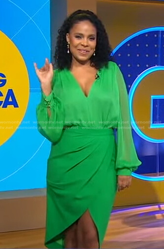 Sanaa Lathan’s green blouse and wrap skirt on Good Morning America