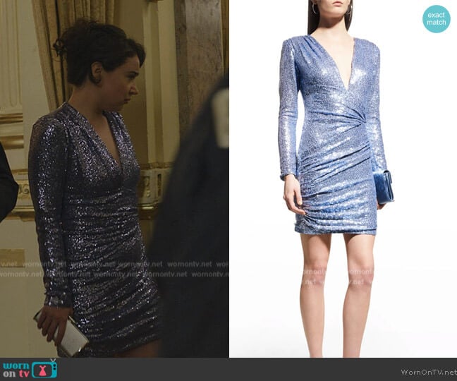 Sho by Tadashi Shoji Sequin Plunge Neck Long Sleeve Sheath Cocktail Dress worn by Marissa Gold (Sarah Steele) on The Good Fight