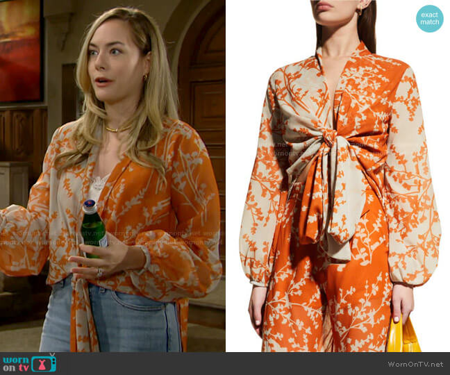 Silvia Tcherassi Honey Bicolor Floral-Print Tie-Front Crop Blouse worn by Hope Logan (Annika Noelle) on The Bold and the Beautiful