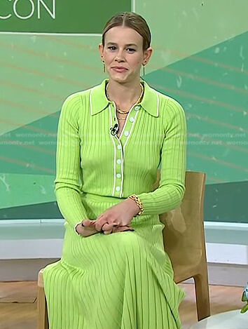 Sosie Bacon's green ribbed button front top and  skirt on Today