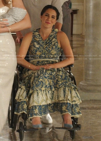 Stacey's blue print tiered dress on Dynasty