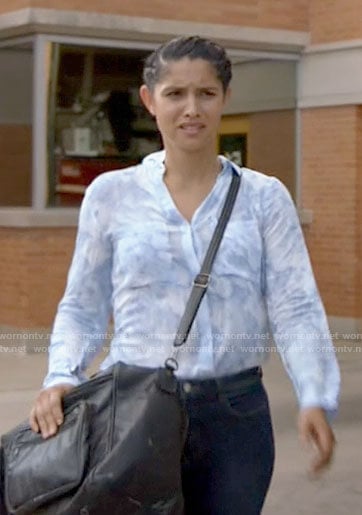 Stella's blue marbled print button down shirt on Chicago Fire