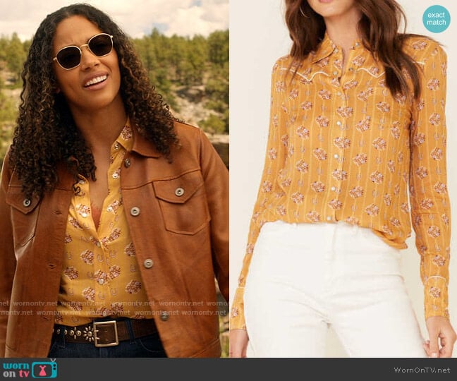 Stetson Mustard Horseshoe Wallpaper Western Shirt worn by Cassie Dewell (Kylie Bunbury) on Big Sky