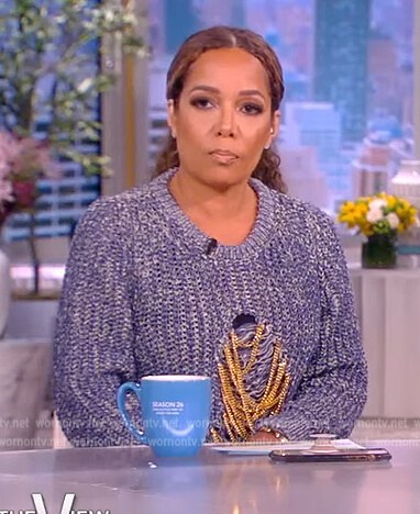 Sunny’s blue chain embellished distressed sweater on The View