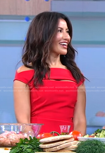 Suzy Karadsheh’s red cutout off shoulder dress on Good Morning America