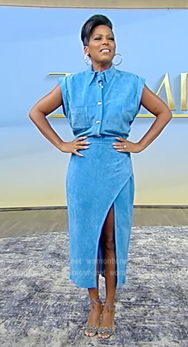 Tamron's blue suede top and skirt on Tamron Hall Show