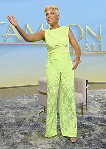 tamron’s green satin top and pants on the Tamron Hall Show
