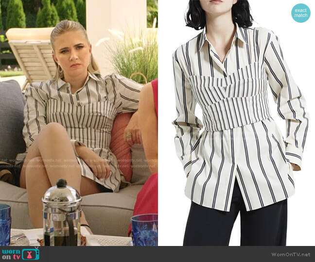 Theory Bustier-Shirt Set in Striped Cotton Poplin worn by Amanda Carrington (Eliza Bennett) on Dynasty