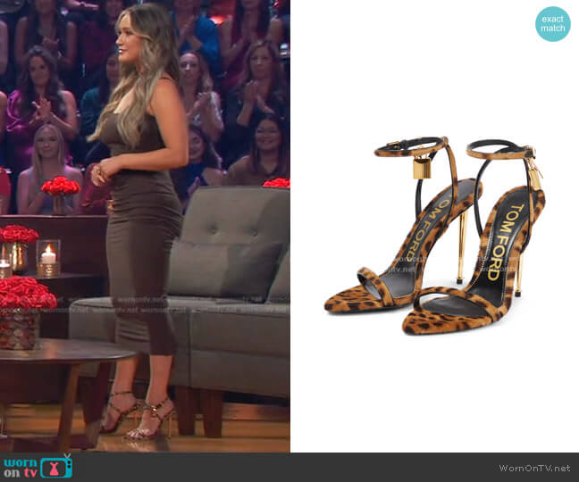 Tom Ford Lock Leopard Ankle-Strap Sandals worn by Rachel Recchia on The Bachelorette