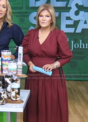 Tory Johnson’s burgundy puff sleeve v-neck dress on Good Morning America