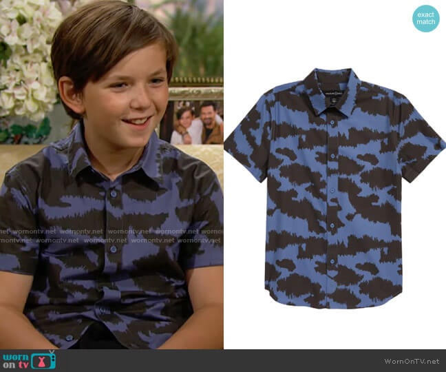 Treasure & Bond Abstract Camo Print Short Sleeve Cotton Button-Up Shirt worn by Douglas Forrester (Django Ferri) on The Bold and the Beautiful