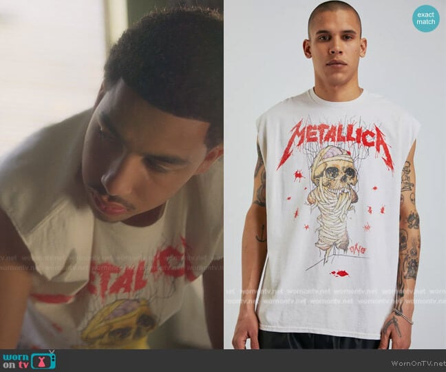 Urban Outfitters Metallica One Muscle Tee worn by Andre Johnson, Jr. (Marcus Scribner) on Grown-ish