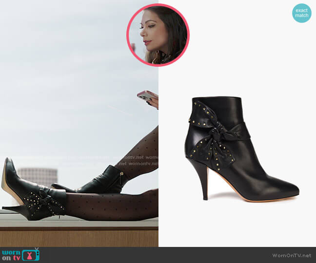 Valentino Garavani Studded bow-embellished leather ankle boots worn by Nikki Ramos (Ginger Gonzaga) on She-Hulk Attorney at Law