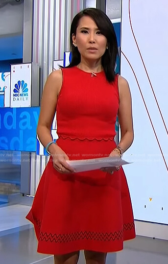Vicky’s red ribbed scalloped dress on NBC News Daily