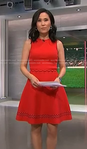 Vicky’s red ribbed scalloped dress on NBC News Daily