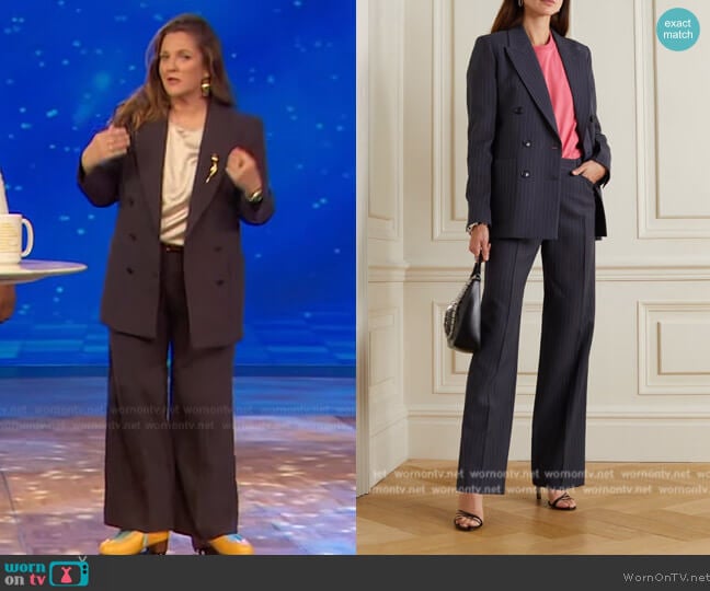 Victoria Beckham Double-breasted pinstriped woven blazer and pants worn by Drew Barrymore on The Drew Barrymore Show