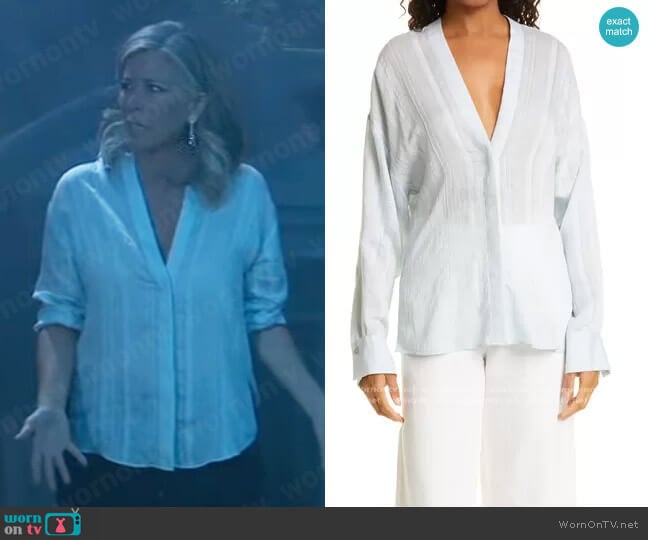 Drapey Stripe V Neck Blouse by Vince worn by Carly Spencer (Laura Wright) on General Hospital