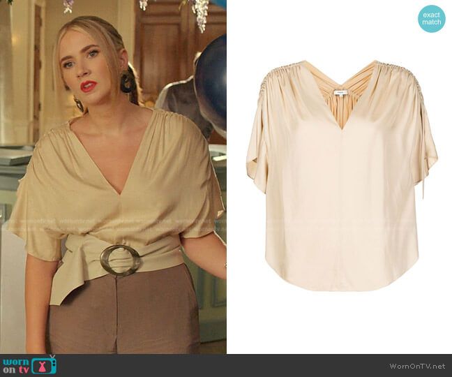 Vince Short-Sleeve Draped Silk Blouse worn by Amanda Carrington (Eliza Bennett) on Dynasty