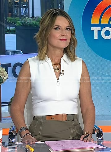 Savannah's white half zip top and khaki green skirt on Today