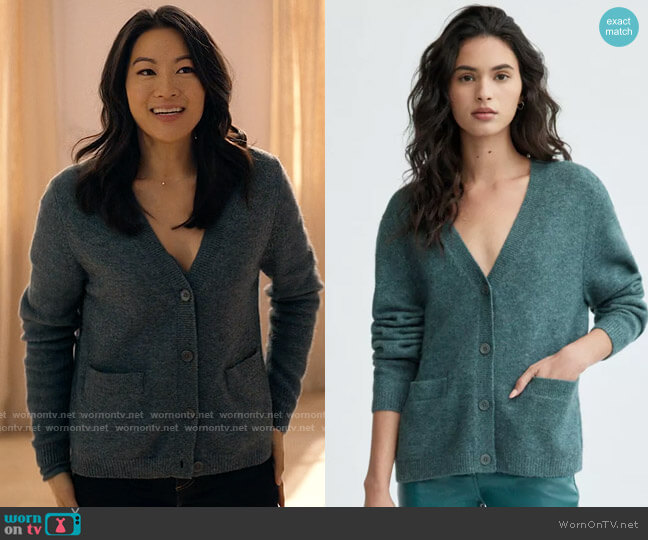 Wilfred at Aritzia Shelby Cardigan in Heather Suave Green worn by Ingrid Yun (Arden Cho) on Partner Track