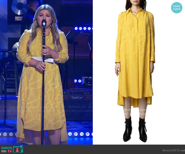 Zadig and Voltaire Rallye Chain Print Long Sleeve Silk Midi Shirtdress worn by Kelly Clarkson on The Kelly Clarkson Show