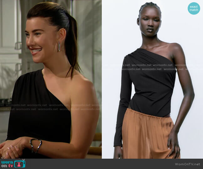 Zara Bodysuit with asymmetric neckline and one long sleeve worn by Steffy Forrester (Jacqueline MacInnes Wood) on The Bold and the Beautiful