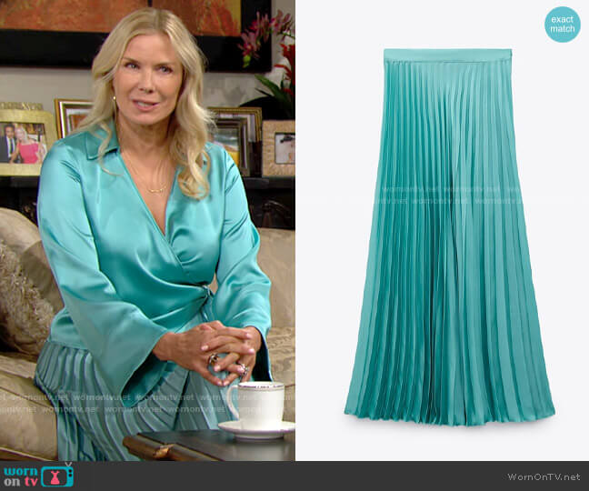 Zara Satin Effect Pleated Skirt worn by Brooke Logan (Katherine Kelly Lang) on The Bold and the Beautiful