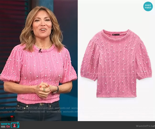 WornOnTV: Kit’s pink pearl embellished sweater on Access Daily | Kit ...