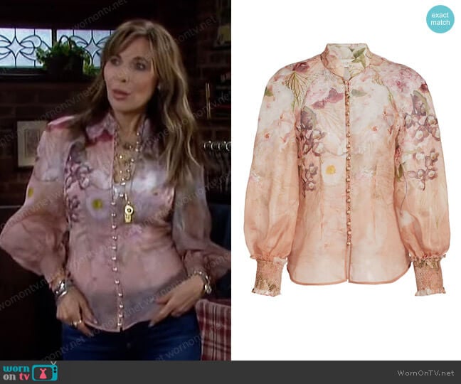 Zimmermann Dancer Floral Balloon-Sleeve Blouse worn by Kate Roberts (Lauren Koslow) on Days of our Lives