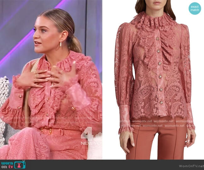 Zimmermann Kaleidoscope Ruffled Lace Blouse worn by Kelsea Ballerini on The Kelly Clarkson Show