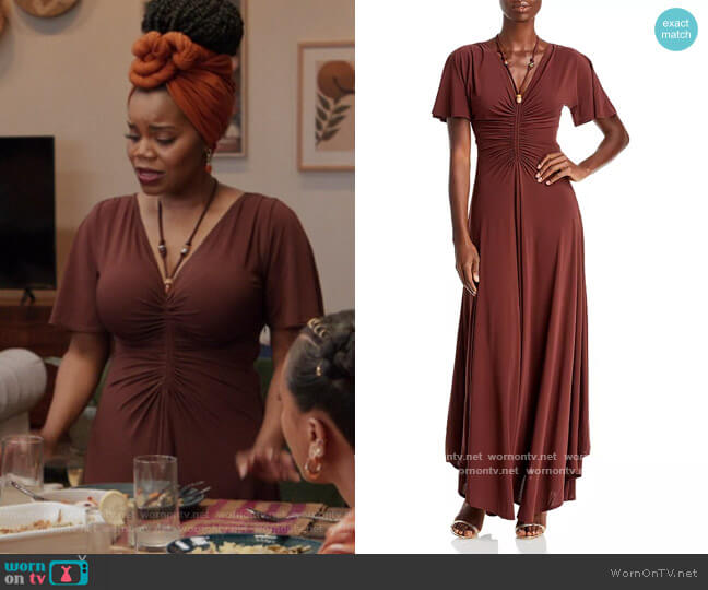 A.L.C. Nina Ruched Beaded-Strap Maxi Dress worn by Amara Patterson (Kelly Jenrette) on All American Homecoming