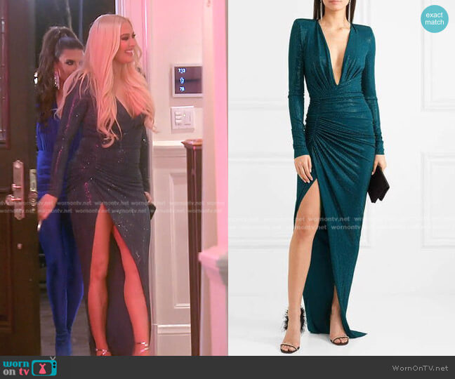 Alexandre Vauthier Petrol Crystal-Embellished Ruched Stretch-Crepe Gown worn by Erika Jayne on The Real Housewives of Beverly Hills