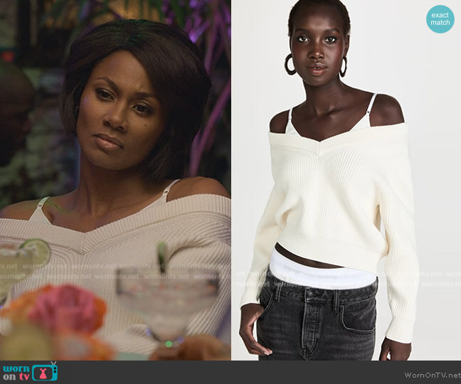 T by Alexander Wang V Neck Pullover with Satin Cami worn by Jax Stewart (Emayatzy Corinealdi) on Reasonable Doubt