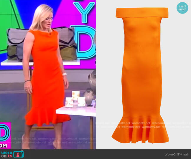 Alexander McQueen Sirene off-the-shoulder ribbed stretch-knit midi dress worn by Sara Haines on The View